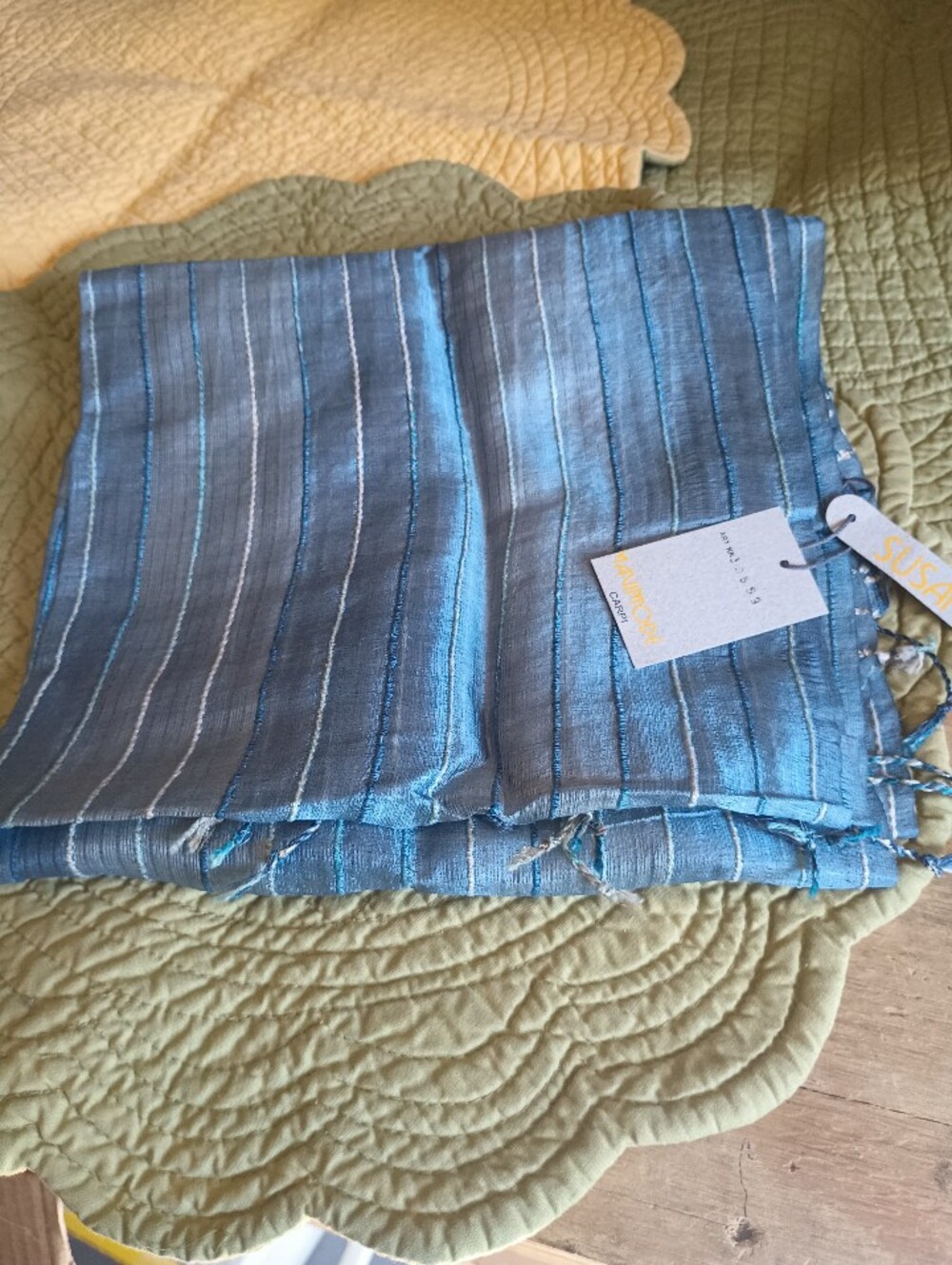 Mavi Blue Striped Silk  Scarf with Subtle Silver Threads